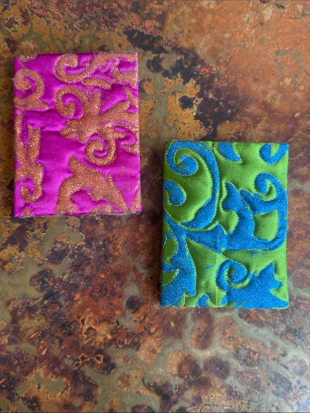 (2) Mini Decorative Satin JournalsLime Green Blue Glitter, Pink Orange Glitter